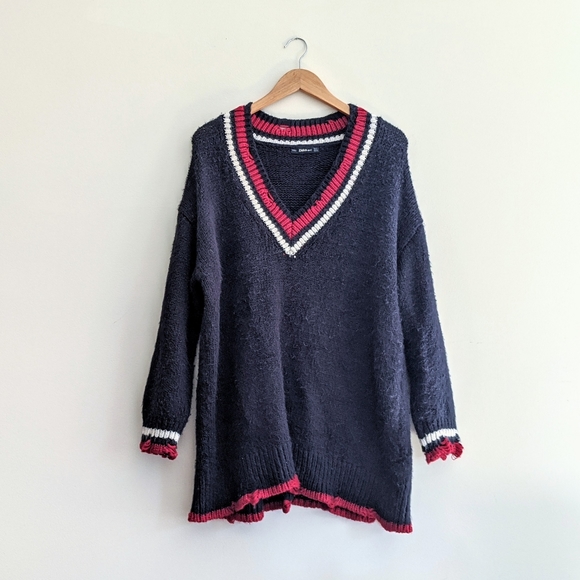 Zara Sweaters - Zara Oversized Navy Blue Boyfriend College Sweater